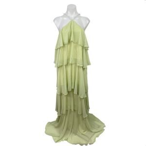 NEW Loveless Mother Of Pearl Yellow Halter Maxi Tiered Flared A-Line Dress Sz L